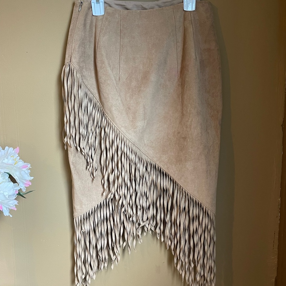 Express Asymmetrical Tan Fringe Skirt